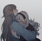  1girl blush closed_eyes closed_mouth couple female_my_unit_(fire_emblem_if) fire_emblem fire_emblem_if from_side grey_background grey_hair hairband hand_on_another's_head hands_on_another's_back hetero hug japanese_clothes long_hair long_sleeves mamkute my_unit_(fire_emblem_if) pointy_ears profile red_eyes simple_background takumi_(fire_emblem_if) upper_body white_background white_hair zuizi 