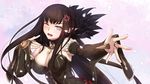  anger_vein black_hair blush breasts bridal_gauntlets cleavage commentary_request elbow_gloves fate/apocrypha fate_(series) fur_trim gloves large_breasts long_hair one_eye_closed open_mouth outstretched_hand petals pointy_ears semiramis_(fate) solo spike very_long_hair wince yellow_eyes yoshida_takuma 