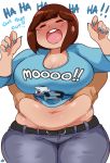  1girl bangs belly belly_grab belt big_belly blush breasts brown_hair cleavage denim earrings eyebrows_visible_through_hair eyes_closed fat fat_folds hands_up highres huge_breasts jeans jewelry large_breasts laughing lightsource love_handles muffin_top nail_polish navel open_mouth original pants plump purin shirt short_hair standing tearing_up tears thick_eyebrows thick_thighs thighs tickling white_background wide_hips 