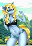  2018 anthro blonde_hair blue_eyes blurred_background breasts cleavage clothed clothing cloud cute earth_pony equine eyebrows eyelashes fan_character female fence freckles fully_clothed hair happy horse looking_at_viewer makeup mammal mascara my_little_pony navel open_mouth open_smile outside pinktooth pony portrait pose shirt shorts sky smile solo standing tank_top three-quarter_portrait tongue tree 