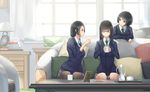  black_hair black_legwear book brown_eyes closed_mouth cup glasses green_eyes indoors kikivi leaning_on_object long_hair looking_at_another multiple_girls necktie open_mouth original pantyhose pleated_skirt school_uniform short_hair sitting skirt window 