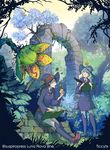  arch artist_name belt blonde_hair blue_eyes book boots brown_eyes brown_hair carnivorous_plant commentary diana_cavendish forest grass hat highres holding holding_book jungle kagari_atsuko knee_boots legs_together little_witch_academia long_sleeves looking_at_another multiple_girls nature open_book open_mouth outdoors overgrown plant profile purple_footwear quill robe ruins school_uniform sitting standing surprised talking ticcy tree twitter_username vines wing_collar witch witch_hat writing 