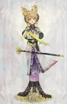  alternate_costume bangs blonde_hair commentary_request dress earmuffs full_body looking_at_viewer nazo_(mystery) pointy_hair ritual_baton short_hair smile solo standing sword touhou toyosatomimi_no_miko weapon 
