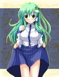  bangs bare_shoulders big_eyes blue_skirt blush breasts cowboy_shot eyebrows_visible_through_hair green_eyes green_hair hair_between_eyes hair_ornament hair_ribbon hands_up holding image_sample kinagi_yuu kochiya_sanae large_breasts lifted_by_self long_hair long_sleeves looking_at_viewer multicolored multicolored_background multicolored_clothes open_mouth patterned_clothing ribbon skirt skirt_hold skirt_lift smile solo standing thigh_gap tinami_sample touhou 