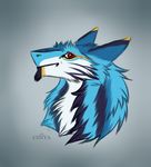  2018 ambiguous_gender anthro beard blue_fur cinta english_text facial_hair fluffy fur grey_background headshot_portrait looking_at_viewer multicolored_fur neck_tuft portrait red_eyes rengako_(egsaku) sergal simple_background slit_pupils solo text tuft white_fur yellow_fur 