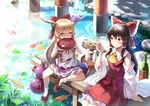  2girls animal black_hair blonde_hair blush bow brown_eyes chain drink emerane fish hakurei_reimu horns ibuki_suika japanese_clothes long_hair miko sake touhou waifu2x water wristwear 