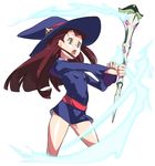 brown_hair guido_(sucurapu) hat highres kagari_atsuko little_witch_academia long_hair luna_nova_school_uniform shiny_rod simple_background solo wand witch witch_hat 
