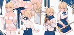  ahoge artoria_pendragon_(all) black_legwear blonde_hair blouse blue_blouse bra braid breasts fate/stay_night fate_(series) food french_braid garter_belt green_eyes hair_bun hair_down highres lanzi_(415460661) looking_at_viewer medium_breasts mirror multiple_views navel panties pantyhose saber scarf seiza sitting sword taiyaki thighhighs underwear wagashi weapon white_bra white_legwear white_panties wooden_sword 