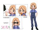  1girl absurdres blonde_hair cow eating girls_und_panzer glasses highres kay_(girls_und_panzer) kazumi_yu men_in_black multiple_views overalls parody short_hair sunglasses translated younger 