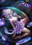  anklet blue_eyes bracer breasts cleavage detached_collar detached_sleeves dress elementalist_lux highres jewelry kusanagi_lin large_breasts league_of_legends light_elementalist_lux luxanna_crownguard md5_mismatch sideboob solo strapless strapless_dress white_hair 