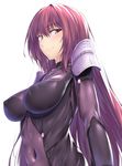  armor blush bodysuit breasts covered_navel covered_nipples fate/grand_order fate_(series) large_breasts lips long_hair looking_away looking_to_the_side matsunaga_garana pauldrons purple_bodysuit purple_eyes purple_hair scathach_(fate)_(all) scathach_(fate/grand_order) shiny shiny_hair simple_background smile solo upper_body white_background 