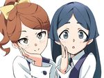  :o ahoge barbara_parker black_neckwear blue_eyes blue_hair blush bow brown_hair collared_shirt commentary_request eyebrows_visible_through_hair grey_eyes hair_bow hair_ribbon hand_on_own_cheek hanna_england head_on_hand korean_commentary little_witch_academia long_hair looking_at_viewer luna_nova_school_uniform multiple_girls necktie parted_lips ponytail purple_vest ribbon seren_lwa shirt short_eyebrows smile vest white_shirt yellow_bow 