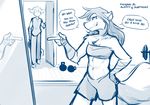  2017 abs anthro bandeau basitin canine chest_tuft clothed clothing dialogue door duo english_text female flirting grin hand_on_hip hand_wraps hi_res inside keidran keith_keiser kettlebell male mammal midriff mirror monochrome natani pointing pose shorts side_view simple_background sketch smile text tom_fischbach tuft twokinds webcomic weights white_background wolf wraps 