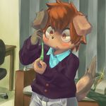  5_fingers anthro black_nose blush brown_eyes brown_hair canine child clothed clothing condom cub dog filled_condom hair jacket male mammal ontsuna pants shirt solo standing under_shirt young 