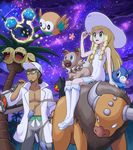  1girl alolan_exeggutor alolan_form bag baseball_cap blonde_hair braid cosmog dress duffel_bag gen_1_pokemon gen_7_pokemon green_eyes hand_on_headwear hat kukui_(pokemon) labcoat lillie_(pokemon) litten long_hair minior open_clothes open_mouth poke_ball_theme pokemoa pokemon pokemon_(creature) pokemon_(game) pokemon_on_lap pokemon_sm popplio rockruff rowlet sitting sky sleeveless sleeveless_dress star_(sky) starry_sky sun_hat sunglasses tauros twin_braids white_dress white_hat 