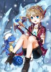  blue_eyes commentary dragon earrings evan_(maplestory) hairband hamericano highres jewelry maplestory mir_(maplestory) short_hair snow snowing tree 