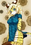  2018 anthro blonde_hair blue_eyes blush breasts brown_fur brown_stripes cheek_tuft chinese_clothing chinese_dress clothing countershading dipstick_tail dress embarrassed feline female fullbokko_heroes fur hair hi_res kemono long_hair looking_at_viewer mammal megane_inu multicolored_tail pantherine solo spiky_hair standing striped_fur stripes tiger tuft white_fur yellow_fur zhang_fei_(fullbokko_heroes) 