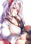  :q azur_lane bangs black_bikini_bottom black_kimono black_legwear blurry blush breasts bust_cup closed_mouth collar collarbone commentary_request depth_of_field eyebrows_visible_through_hair hand_up highlights highres japanese_clothes kaenuco kimono large_breasts lips long_hair looking_at_viewer mole mole_on_breast multicolored_hair prinz_eugen_(azur_lane) sideboob sidelocks silver_hair simple_background smile solo thighhighs tongue tongue_out two_side_up wakamezake wavy_hair white_background white_kimono wide_sleeves yellow_eyes 