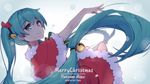  2017 bell blue_eyes blue_hair capelet character_name dated dress eyebrows_visible_through_hair floating_hair fur_trim hair_between_eyes hair_ribbon hatsune_miku highres long_hair merry_christmas outstretched_arm red_capelet red_dress red_ribbon ribbon santa_costume short_dress solo twintails very_long_hair vocaloid zhayin-san 