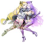  :d armor ass black_armor blonde_hair bloomers blush boots bow breasts camilla_(fire_emblem_if) cleavage dress earrings elise_(fire_emblem_if) eyebrows_visible_through_hair fire_emblem fire_emblem_heroes fire_emblem_if full_body gloves hair_bow hair_over_one_eye high_heel_boots high_heels highres hug jewelry large_breasts lips long_hair looking_at_viewer multiple_girls open_mouth purple_eyes purple_hair siblings simple_background sisters smile thigh_boots thighhighs tiara twintails underwear very_long_hair wavy_hair white_background yyillust 