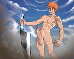  1boy anma_(ryuichi87) bleach blush erection male_focus nude outdoors penis solo sweat sword weapon 