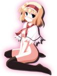  alice_margatroid bangs between_legs black_legwear blonde_hair blush breasts capelet grey_eyes hair_between_eyes hairband halo hand_between_legs image_sample kinagi_yuu looking_at_viewer multicolored_hairband nude ribbon short_hair sitting small_breasts solo thighhighs tinami_sample touhou v_arms wariza white_background 