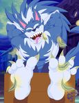 anthro canine claws darkstalkers digital_media_(artwork) feathers feet foot_fetish four_toed hands_behind_back jon_talbain lu123 mammal soles stocks tickle_feet tickling toe_claws toes tongue tongue_hanging_out video_games were werewolf 