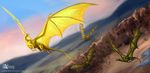  ambiguous_gender azany brown_scales cave cliff detailed_background dragon feral flying forked_tail group horn looking_back membranous_wings outside pern red_eyes scales scalie sky sunrise western_dragon wings yellow_scales 