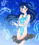  blue_background blue_eyes blue_hair blush breasts choker cleavage collarbone commentary cure_ange embarrassed feathers floating_hair gradient gradient_background groin henshin highleg highleg_leotard hugtto!_precure leotard long_hair medium_breasts ontaros parted_lips precure raised_eyebrows skin_tight skirt skirt_removed solo standing white_choker wrist_cuffs yakushiji_saaya 
