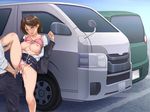  1girl aftersex against_vehicle areolae bare_legs blue_skirt blush bra bra_lift breasts breasts_outside brown_eyes brown_hair car censored clothed_sex cum cum_in_pussy cum_on_clothes cum_on_lower_body cumdrip groin highres large_breasts leg_up legs looking_at_another looking_down matching_hair/eyes mosaic_censoring motor_vehicle nipples open_clothes open_mouth original outdoors panties panties_aside penis pink_bra pink_panties pussy shinjin_ol_seikyouiku:_mukatsuku_douryou_no_kanojo_wo_netoru short_hair skirt skirt_lift solo_focus standing thighs underwear vehicle yodakapan 