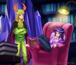  2017 animal_humanoid animated barefoot book cape chair changeling clothed clothing crossed_arms digital_media_(artwork) duo equine equine_humanoid feathered_wings feathers feet female friendship_is_magic fully_clothed glowing hair horn humanoid inside lamp long_hair magic male mammal multicolored_hair my_little_pony pointy_ears purple_eyes purple_feathers racoon-kun sitting telekinesis thorax_(mlp) twilight_sparkle_(mlp) wings 