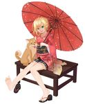  1girl barefoot blonde_hair braid charlotte_ferrier feet green_eyes heterochromia highres japanese_clothes long_hair looking_at_viewer open_mouth red_eyes shironeko_project shoes_removed single_shoe sitting soles toes umbrella 