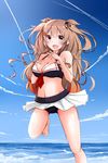  absurdres beach bikini bikini_skirt black_ribbon blue_sky breasts brown_eyes cloud day fang hair_flaps hair_ornament hair_ribbon hairpin heterochromia highres kantai_collection light_brown_hair long_hair medium_breasts murasame_(kantai_collection) neve red_eyes remodel_(kantai_collection) ribbon sky solo standing standing_on_one_leg swimsuit two_side_up water 