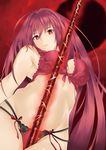 absurdres bra breasts cleavage fate/grand_order fate_(series) gae_bolg highres lace lace-trimmed_bra lace-trimmed_panties large_breasts long_hair looking_at_viewer looking_down multi-strapped_panties panties parted_lips polearm purple_bra purple_hair purple_panties red_eyes riuta scathach_(fate)_(all) scathach_(fate/grand_order) solo spear underwear weapon 