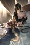  androgynous bandages bed black_hair commentary_request curtains fate/grand_order fate_(series) hair_between_eyes highres holding holding_pillow hutagi_rouka long_hair looking_at_viewer male_focus on_bed pillow ponytail shirtless solo very_long_hair yan_qing_(fate/grand_order) yellow_eyes 