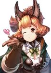  animal_ears arm_at_side bangs blown_kiss blurry bow bowtie breasts brown_eyes brown_gloves cape cleavage depth_of_field diamond_(shape) elbow_gloves erune eyebrows eyelashes gloves granblue_fantasy green_bow green_cape green_neckwear hand_up heart high_ponytail hood hood_down hooded_cape karteira looking_away one_eye_closed orange_hair parted_lips reiesu_(reis) short_hair simple_background small_breasts solo upper_body white_background 