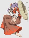  ankleband ass autumn_leaves bangs barefoot breasts brown_skirt closed_mouth eyebrows fingernails from_side full_body hair_between_eyes highres long_fingernails long_skirt long_sleeves looking_away medium_breasts mirror outline puffy_long_sleeves puffy_sleeves purple_hair red_eyes red_shirt rope sharp_fingernails sharp_toenails shide shimenawa shirt short_hair silver_background simple_background skirt solo tassel toenails touhou v-shaped_eyebrows white_outline yasaka_kanako ysk! 
