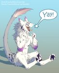  2018 4_fingers 4_toes ambiguous_gender anthro black_fur blue_background cute digitigrade english_text fluffy fur hair happy looking_aside neck_tuft open_mouth pink_fur sergal sharp_teeth sidgi silver_eyes simple_background sitting slim smile solo speech_bubble teeth text toes tongue tuft white_fur white_hair 