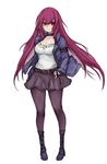  breasts casual commentary_request contemporary fate/grand_order fate_(series) fingerless_gloves gloves highres large_breasts long_hair looking_at_viewer pantyhose purple_hair red_eyes scathach_(fate)_(all) scathach_(fate/grand_order) shinpu_(sky301006201) 