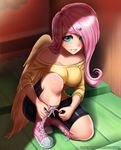  2017 alternate_species bare_shoulder breasts clothed clothing digital_media_(artwork) feathered_wings feathers female fluttershy_(mlp) footwear friendship_is_magic hair hair_over_eye human humanized humanoid long_hair looking_at_viewer mammal my_little_pony pink_hair racoon-kun smile solo teal_eyes winged_humanoid wings yellow_feathers 