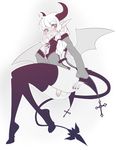  &lt;3 &lt;3_eyes balls blush chain clothed clothing collar cross demon girly hair half-erect hooves horn humanoid incubus jacket legwear looking_at_viewer male partially_clothed penis restricted_palette smile smirk solo suelix thigh_highs white_hair wings 