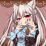  animal_ear_fluff animal_ears cat_ears chocolate eyebrows_visible_through_hair hair_between_eyes long_hair mouse nora_cat nora_cat_channel red_eyes rutsubo silver_hair smile solo two_side_up virtual_youtuber 