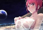  bangs blush breasts cityscape collarbone covered_nipples exer-machina_-the_steel_resonance- eyebrows_visible_through_hair fence hand_on_own_chest large_breasts looking_at_viewer naked_towel night nose_blush onsen original partially_submerged planet red_eyes red_hair sakusakusakurai short_hair smile solo towel upper_body water wet 