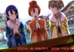  &gt;_&lt; alpha_(smashbox) bangs blue_hair closed_eyes commentary_request floral_print flower grey_hair hair_between_eyes hair_bun hair_flower hair_ornament hands_clasped hands_together hatsumoude highres japanese_clothes kimono kousaka_honoka long_hair long_sleeves looking_at_another love_live! love_live!_school_idol_festival love_live!_school_idol_project minami_kotori multiple_girls new_year one_eye_closed one_side_up open_mouth orange_hair own_hands_together praying smile sonoda_umi wide_sleeves yellow_eyes 