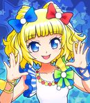  :d bangs bare_shoulders blonde_hair blue_background blue_bow blue_eyes blunt_bangs blush bow breasts eyebrows eyebrows_visible_through_hair eyelashes green_bow hair_bow hands_up highres looking_at_viewer minami_mirei official_style open_mouth pretty_(series) pripara red_bow reiesu_(reis) shirt short_hair small_breasts smile solo star starry_background tank_top tongue two_side_up upper_body white_shirt wrist_bow wristband yellow_bow 
