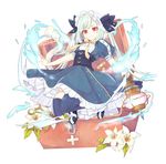  bandaid blue_dress blue_legwear bow dress first_aid_kit flower full_body gauze hachimitsu_monte hair_bow hat holding_lantern lantern lily_(flower) long_hair looking_at_viewer original red_eyes scissors solo thighhighs twintails very_long_hair water white_hair white_hat 