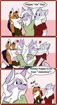  &lt;3 2018 anthro canine clothed clothing comic detailed_background dog female fox group hair infinitedge2u kissing mammal smile standing white_hair 
