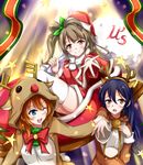  animal_costume antlers bangs bell blue_eyes blue_hair blush christmas commentary_request dress fur_trim grey_hair hair_between_eyes hat highres ken_(kenta1922) kousaka_honoka long_hair looking_at_viewer love_live! love_live!_school_idol_project minami_kotori multiple_girls one_eye_closed one_side_up orange_hair red_dress reindeer_antlers reindeer_costume ribbon sack santa_costume santa_hat smile sonoda_umi thighhighs white_legwear yellow_eyes 