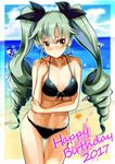 2017 absurdres anchovy arm_grab bangs beach bikini black_bikini black_ribbon blush breasts closed_mouth commentary_request cowboy_shot day drill_hair droplet front-tie_bikini front-tie_top girls_und_panzer green_hair hair_ribbon halftone_texture happy_birthday highres long_hair looking_at_viewer medium_breasts navel red_eyes ribbon solo standing swimsuit thigh_gap twin_drills twintails yoshiyo_(buranku1129) 