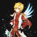  absurdres alpha_(maplestory) black_pants capelet gloves hamericano highres male_focus maplestory pants red_capelet red_eyes shirt short_hair solo sword weapon 